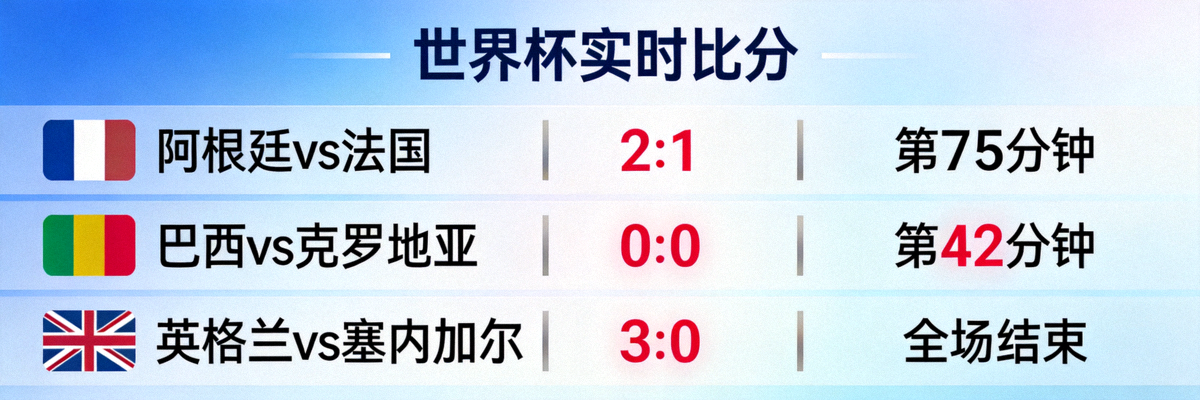 世界杯实时比分展示界面 - 多个比赛比分同时更新